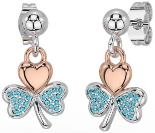 Aquamarine Rose Gold Silver Shamrock Dangle Earrings