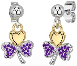 Amethyst Gold Silver Shamrock Dangle Earrings