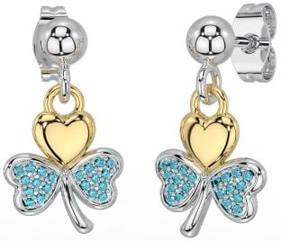 Aquamarine Gold Silver Shamrock Dangle Earrings