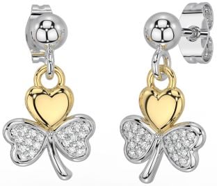 Diamond Gold Silver Shamrock Dangle Earrings