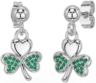 Emerald White Gold Shamrock Dangle Earrings