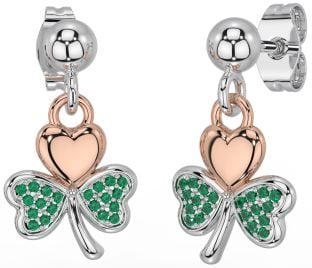 Emerald White Rose Gold Shamrock Dangle Earrings