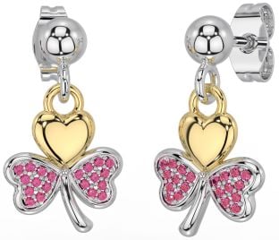 Pink Tourmaline White Yellow Gold Shamrock Dangle Earrings