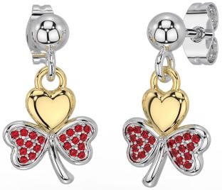 Ruby White Yellow Gold Shamrock Dangle Earrings