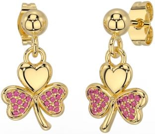 Pink Tourmaline Gold Shamrock Dangle Earrings