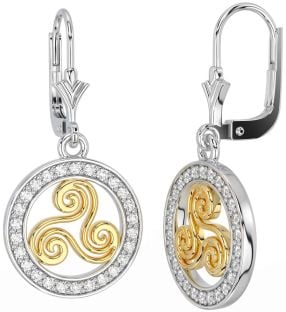 Diamond Gold Silver Celtic Dangle Earrings