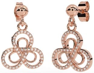 Diamond Rose Gold Silver Celtic Trinity Knot Dangle Earrings