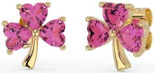 Pink Tourmaline Gold Silver Shamrock Stud Earrings