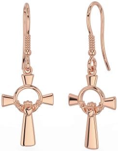 Rose Gold Silver Celtic Cross Claddagh Dangle Earrings