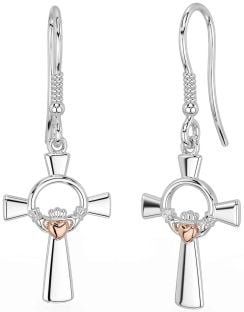 Rose Gold Silver Celtic Cross Claddagh Dangle Earrings