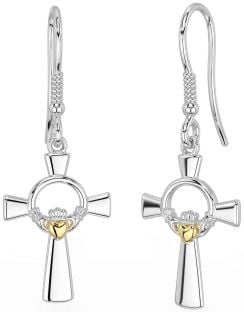 White Yellow Gold Celtic Cross Claddagh Dangle Earrings