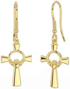 Gold Celtic Cross Claddagh Dangle Earrings