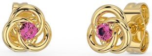 Pink Tourmaline Gold Silver Celtic Stud Earrings