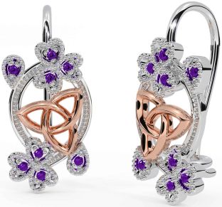 Diamond Rose Gold Silver Celtic Trinity Knot Shamrock Dangle Earrings