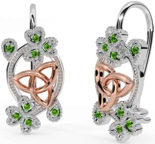 Diamond Rose Gold Silver Celtic Trinity Knot Shamrock Dangle Earrings