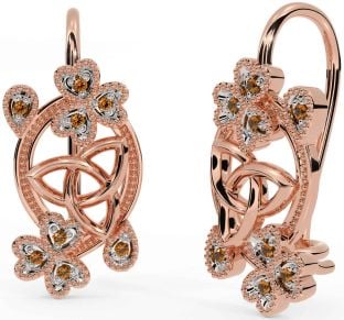 Diamond Rose Gold Celtic Trinity Knot Shamrock Dangle Earrings