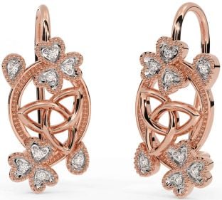 Diamond Rose Gold Celtic Trinity Knot Shamrock Dangle Earrings