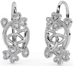 Diamond Silver Celtic Trinity Knot Shamrock Dangle Earrings
