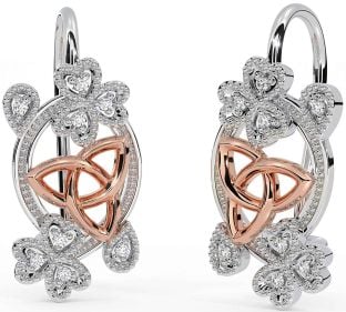 Diamond Rose Gold Silver Celtic Trinity Knot Shamrock Dangle Earrings