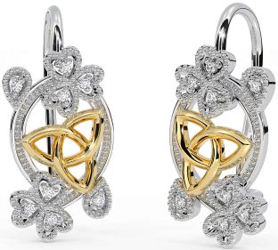 Diamond Gold Silver Celtic Trinity Knot Shamrock Dangle Earrings