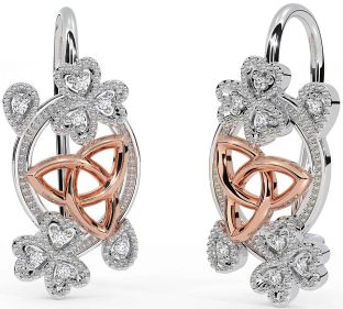 Diamond White Rose Gold Celtic Trinity Knot Shamrock Dangle Earrings