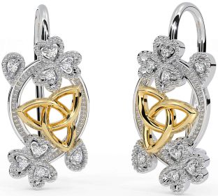 Diamond White Yellow Gold Celtic Trinity Knot Shamrock Dangle Earrings