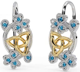 Diamond White Yellow Gold Celtic Trinity Knot Shamrock Dangle Earrings