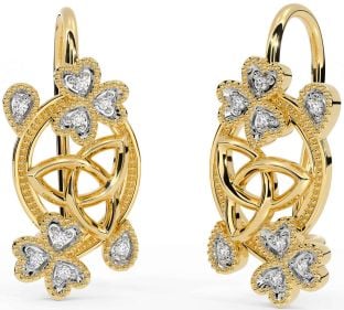 Diamond Gold Celtic Trinity Knot Shamrock Dangle Earrings