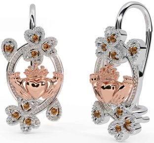 Diamante Rosa Ouro Prata Claddagh Trevo Pendurar Brincos