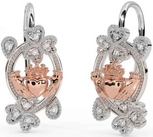 Diamond Rose Gold Silver Claddagh Shamrock Dangle Earrings