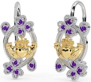 Diamant Gold Silber Claddagh Kleeblatt Baumeln Ohrringe