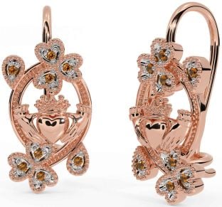 Diamond Rose Gold Silver Claddagh Shamrock Dangle Earrings