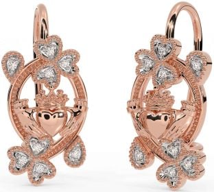 Diamond Rose Gold Silver Claddagh Shamrock Dangle Earrings