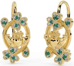 Diamond Gold Silver Claddagh Shamrock Dangle Earrings