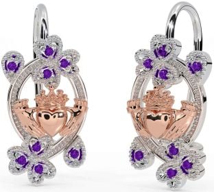 Diamant biely Ružové Zlato Claddagh Trojlístok Visieť Náušnice