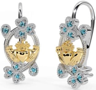 Diamant Blanc Jaune Or Claddagh Trèfle Pendre Des boucles d'oreilles