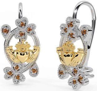 Diamante Blanco Amarillo Oro Claddagh Trébol Colgar Pendientes