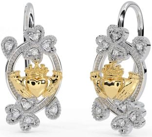 Diamant Blanc Jaune Or Claddagh Trèfle Pendre Des boucles d'oreilles