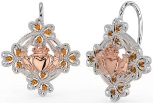 Diamant Rose Gold Silber Claddagh Kleeblcht Baumeln Ohrringe