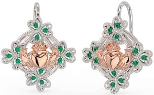 Diamond Rose Gold Silver Claddagh Shamrock Dangle Earrings