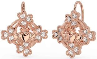 Diamond Rose Gold Silver Claddagh Shamrock Dangle Earrings