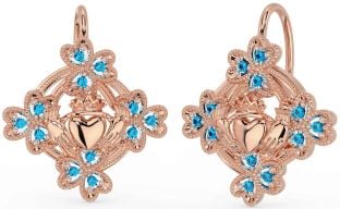 Diamond Rose Gold Silver Claddagh Shamrock Dangle Earrings