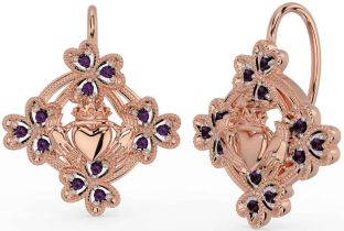 Diamond Rose Gold Claddagh Shamrock Dangle Earrings