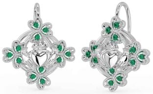 Diamond Silver Claddagh Shamrock Dangle Earrings