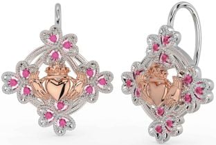 Diamante Rosa OuroBrincos pendentes de trevo Claddagh em prata