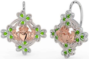 Diamond Rose Gold Silver Claddagh Shamrock Dangle Earrings