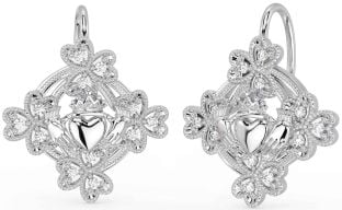 Diamant Blanc Or Claddagh Trèfle Pendre Des boucles d'oreilles