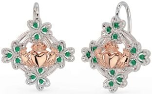 Diamond White Rose Gold Claddagh Shamrock Dangle Earrings