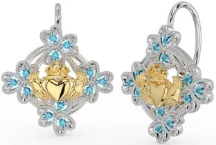 Diamant Blanc Jaune Or Claddagh Trèfle Pendre Des boucles d'oreilles