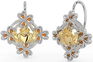 Diamant Weiß Gelb Gold Claddagh Kleeblatt Baumeln Ohrringe